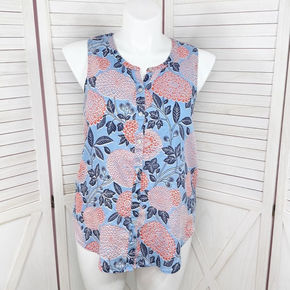 Cynthia Rowley Floral Linen Sleeveless Shirt Button Front Blue Coral Red Large